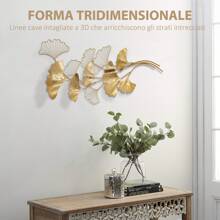 HOMCOM Decorazione Murale 3D in Metallo, Wall Art Dorata con Foglie di Ginkgo 138x70cm