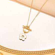 1 件简约白色贝壳花项链，奢华小众设计，复古欧美不锈钢法式毛衣链/颈链 - 花朵白貝項鍊 - 查看 4