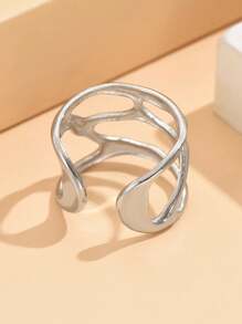 1pc Fashion Asymmetrical Hollow Liquidic Opening Stainless Steel Adjustable Ring, 18K Gold Vacuum Plated, Non-Fading Jewelry For Women, Party Wear