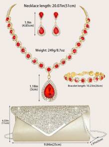 4件套女士水钻项链金属链手拿包套装，女士水钻晚宴手拿包，新娘婚礼项链手链吊坠钱包，适合派对、婚礼、舞会、正式场合，可搭配婚纱、礼服、舞会礼服、生日礼服、派对礼服 - 金紅色 - 查看 4