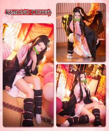 Cosplay de Nezuko Tanjirou, ensemble de costumes Nezuko Tanjirou Kochou Shinobu Mitsuri, ensemble de cape kimono, cadeau pour enfants, costume de Nezuko Tanjiro pour le carnaval Halloween Noël - Rose bonbon - Voir 6