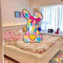 1pc Easter Bunny Wooden Pendant - Colorful Bunny Shape Design, Watercolor Rendering Love Bow Illustration Design, Country Home Decor, Suitable For Front Door, Porch, Living Room, Bedroom - Indoor/Outdoor Easter Decoration Gifts Birthday Graduation