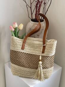 1pc New Fashionable Vacation Style Women Beach Tote Bag, Lightweight Handwoven Straw Shoulder Bag With Contrast Stripes, Tassel Decor, Casual Woven Handbag, Zipper Closure, Perfect For Holiday And Travel