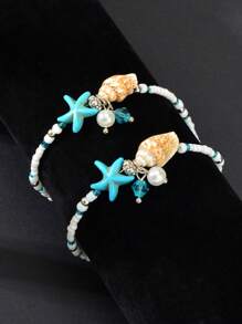 2 Pcs Bohemia Handmade Beads Chain Starfish Summer Beach Anklets Adjustable Vacation Foot Jewelry