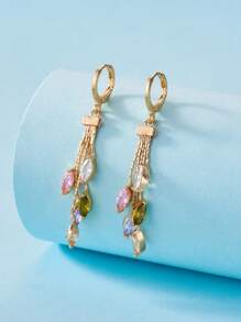 2pcs Fashionable & Elegant Long Colored Cubic Zirconia Earrings, Birthday Gift Jewelry - Leaf - View 12