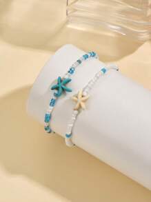 2 pezzi/Set Cavigliera artigianale con perle di riso e stelle marine, gioielli minimalisti a tema oceanico per donne, adatti per uso quotidiano e viaggi di vacanza