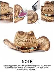 1 pieza Sombrero de paja tipo Panamá casual y bohemio con bloques de color, protección UV y a prueba de viento, versátil para hombres y mujeres, para todas las estaciones