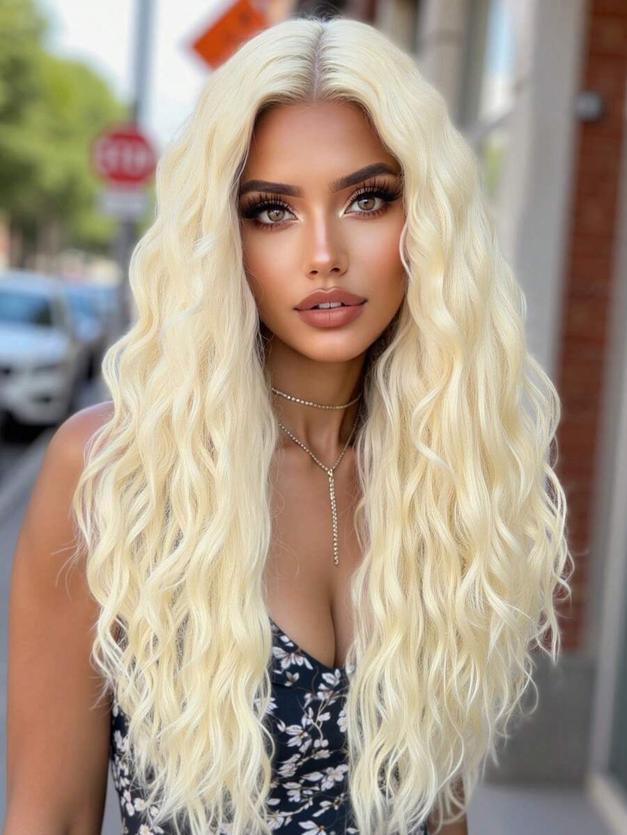 High Quality Fluffy Women's Wig Gold 28 "Mid-Length Curly Wig Synthetic Heat Resistant Fiber Perfect For Holiday Travel Family Party Cosplay Everyday Wear