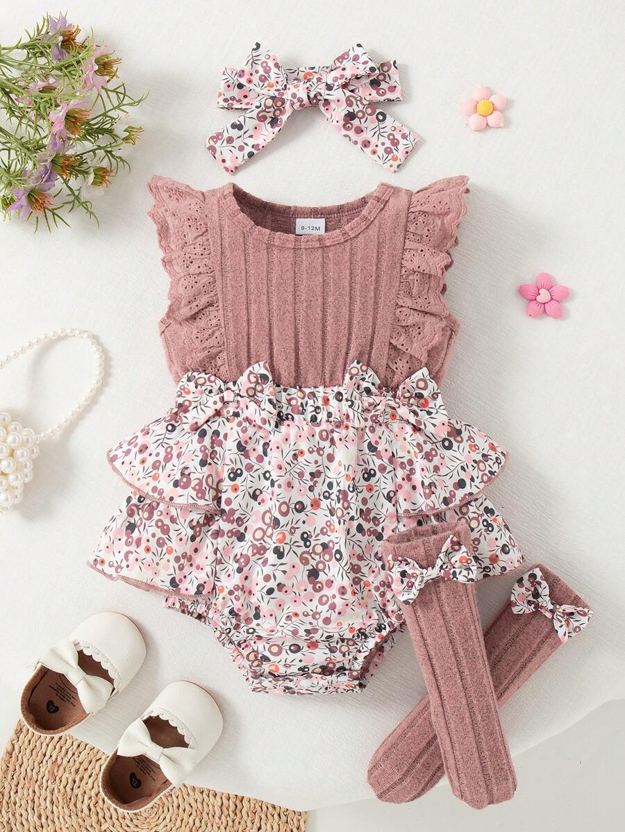 Summer Baby Girl Cute Pink Ditsy Floral Cap Sleeve Romper & Bow Socks & Headband Set