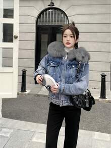 Chaqueta De Jeans Para Mujer Con Acabado Desgastado Moderno Y Botones,Chaqueta vaquera interior de felpa de manga larga para mujer,Chamarra de Mezclilla, Apuesta por un Look Único y Elegante,para primavera/otoño,Cazadora de Mezclilla Crop con Diseño de Solapa para Mujer Dama Sexy de Moda, Chamarra de Mezclilla para Mujer, Chaqueta Vaquera, Chamarras de Mujer, Chaquetas, Abrigo, Chaquetilla de Moda. - Azul - Ver 3