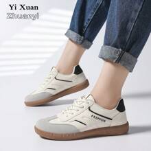 女士户外休闲运动鞋，金属扣装饰，人造革，系带，舒适时尚，2024年秋季新款 - 黑色 - 查看 15