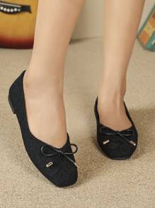 Crocodile Embossed Bow Decor Ballet Flats, Black Elegant Bowknot Solid Color Ballet Flats For Women Valentines