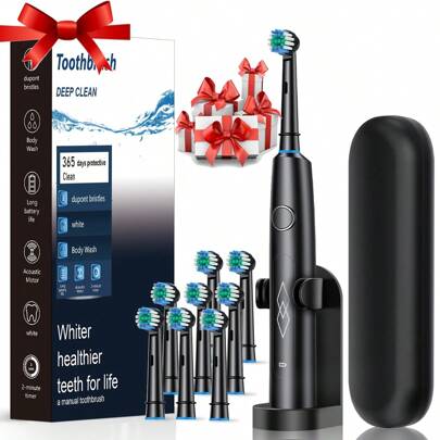 فرشاة أسنان كهربائية أنيقة باللون الأسود للبالغين - إعادة شحن بالكهرباء، تنظيف عميق بشعيرات ناعمة، بطارية بوليمر ليثيوم 600 مللي أمبير، العناية بالفم ب- 5 وضعيات، تتضمن 4 فرشاة مربوطة بشريط + علبة هدايا