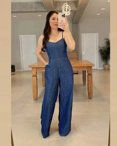 Macacão Longa Feminino  Moda Casual Pantalona Jeans