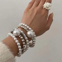 1 pieza Conjunto de 5 piezas de brazalete decorado con perlas falsas de moda, brazalete/pulsera elegante y versátil de estilo vintage para mujer