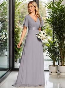 Elegant V-Neck Ruffle Butterfly Sleeve Gray Bridesmaid Dress, Guest Dress, Semi-Formal Dress For Wedding, Birthday Party, Graduation, Valentine's Day - Grey - View 7