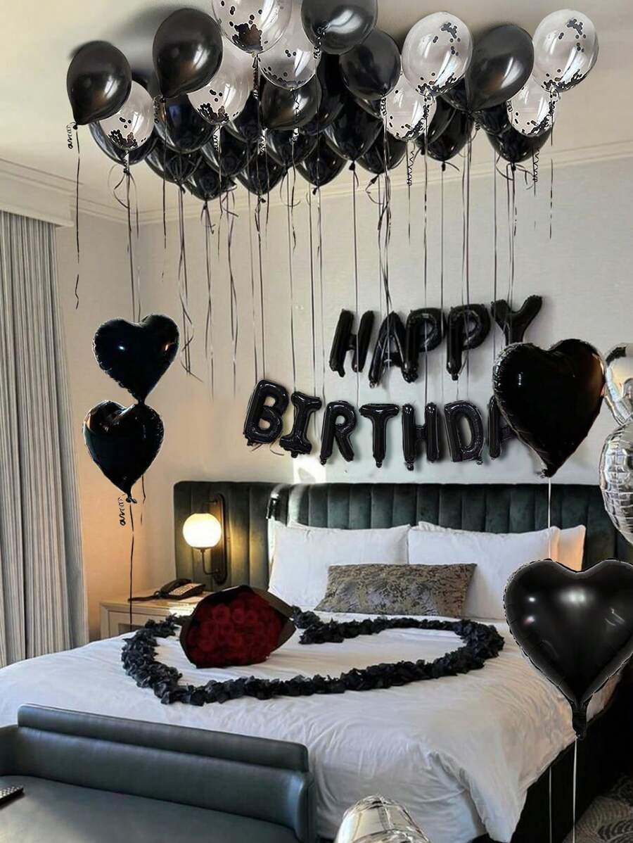 1 pieza/27 piezas Set de decoración para fiesta de cumpleaños negra - Globos negros con forma de corazón, globos con confeti de colores, pancarta negra de "Feliz Cumpleaños", suministros reutilizables para fiestas de cumpleaños - Negro - Ver 1