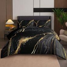 NINENINE 3pcs Black & Gold Marble - Patterned Bedding Set,Luxurious Metallic Vein Design,Black And Gold Comforter Set For Men Women,Soft Microfiber All - Season Comforter With Pillow Shams, Twin/Full/King/Queen Size Bed - 黑色 - 查看 1