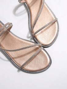 Rounded Toe PU Leather Sandals With Multi-Strap Rhinestone Decoration, Women's Casual Flat Slip-On Slippers, Suitable For Home, Leisure, Daily Wear And Beach Holiday