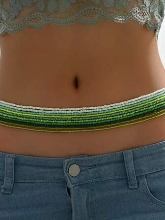 10pcs/Set Bohemian Style Blue Beaded Elastic Waist Chain & Body Chain Set For Women