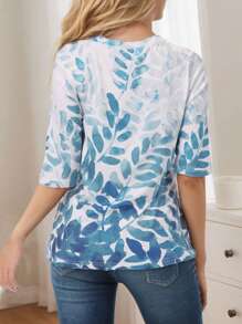 SANOPY Women's T-Shirts,Womens Tops,Going Out Tops For Women,Womens Tops 3/4 Sleeve Shirts Round Neck Loose Casual Blouses Floral Print Tshirts - 藍色 - 查看 2