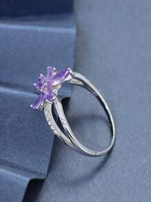 花卉形紫色宝石方晶锆石戒指，简约花卉戒指 S925 戒指，女士订婚承诺结婚戒指 - 花 - 查看 2