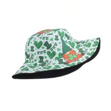Cartoon Leprechaun Clover Print Reversible Bucket Hat, Fashionable Unisex Sun Protection Hat For Street Wear
