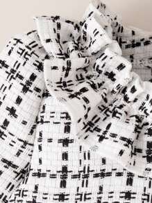 春夏女婴可爱黑白格子荷叶边领蝴蝶结连衣裙和贝雷帽套装，适合派对和外出 - 黑色 - 查看 6