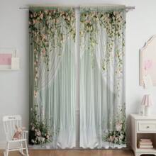 2Pcs, Light Pink And Green Flower Window Curtains, 3D Digital Printing, Exquisite Texture And Soft Tone Details, Common In Living Room, Study And Bedroom, Creating A Quiet Atmosphere And Enhancing Romantic Style - Multicolor - View 8