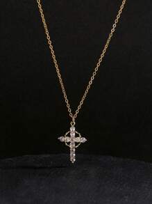 Hypoallergenic Copper - Based Gold - Plated Cross Necklace, Crown - Adorned, For Daily & Festive Wear, Set With Shimmering Cubic Zirconia