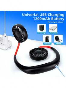 1pc Portable Neck Fan, Rechargeable Personal Hand-Free Fan, Mini USB Wearable Neckband Sport Fan, 3 Speed Adjustable, 360 Degrees Free Rotation Perfect For Working, Traveling, Office, Reading For Summer And For Outdoor,Sport,Travel,Kitchen,Bedroom,School,Office,And For Woman,Man,Children,Adult
