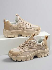 Men's Round Toe Lace-Up Men Sports Shoes For Men, Colorblock Letter Lightweight Breathable Chunky Men Sneakers ,Slip-Resistant Wear-Resistant Sports Outdoor Running Shoes Casual Men Shoes - Khaki - View 2