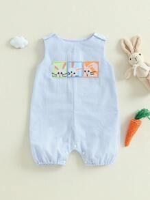 Baby Girl Boy Sleeveless Romper With Rabbit And Vertical Stripes Jumpsuits Perfect For Easter Every Day Wear - Blue - View 4