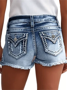 Ladies Casual Mid-Waist Denim Shorts With Elastic Holes And Raw Edges - Blue - View 3