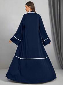 Women's Colorblock Trim Waist Belt Elegant Long Sleeve Arabic Abaya,Vacation Long Modest Robe - Navy Blue - View 3