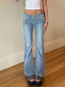 Women's Simple Casual Basic Skinny Flared Jeans With Pockets And Slits - Light Wash - View 2