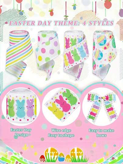 1roll Easter Color Ribbon Creative Rabbit Egg Ribbon Festive Atmosphere Striped Decoration Home Holiday Supplies Gifts Birthday Graduation