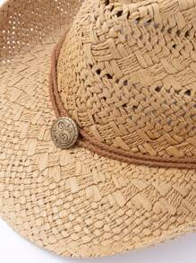 1pc Boho Casual Hollow Woven Straw Hat, Sun Protection, Vacation Hat, Fashion Versatile Windproof Adjustable String Design, - Western Cowboy Straw Hat - View 6