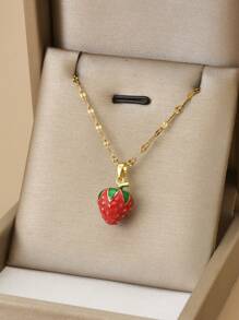 3pcs Set Red 3D Strawberry Stainless Steel Delicate Luxurious Women Necklace & Earrings - Yellow Gold - View 14