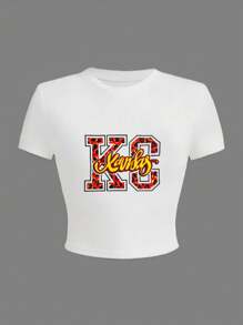 女士字母印花圆领短袖短款修身休闲 T 恤 - 白色 - 查看 3