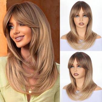 Peruki Ombre Blond Dla Kobiet Peruki Warstwowe Do Ramion Z Grzywką Środkowa Część Peruka Mieszana Kolor Peruka Syntetyczna Naturalny Kolor Peruki Syntetyczne Odporne Na Ciepło
