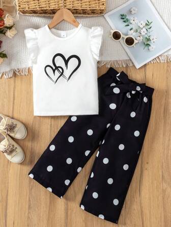少女心印花波点阔腿裤荷叶边T恤时尚两件套配腰带夏季休闲装