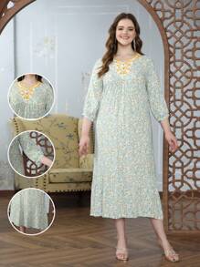 印花阿拉伯风格优雅连衣裙，贾拉比亚 2025 年，传统春夏斋戒月宰牲节 - 薄荷綠 - 查看 2