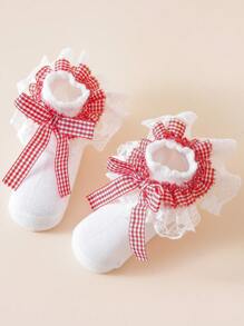 1双棉质儿童蕾丝格子蝴蝶结荷叶边舞蹈公主时尚百搭派对袜 - 白色 - 查看 4