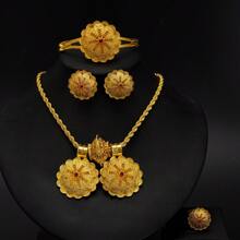 Juego de joyería con diseño geométrico de color dorado - Colgante, aretes, anillo y pulsera con diseño de flor, regalo para damas africanas o de Dubái en bodas y fiestas