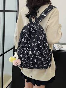 1pc Black Nylon Casual School Style Fresh Allover Print Bow Drawstring Large Capacity Foldable Backpack With Cartoon Decor Zipper, Suitable For Teenagers, College Students, And Women For Daily Commuting, Shopping, Travel, Graduation Gift, Cute Bow Backpack