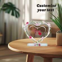 1pc Personalized Acrylic Desktop Decor, Transparent Hollow Heart & Floral Pattern, Customizable Text, Unique Commemorative Gift, Desk Decoration, For Lovers, Family, Friends
