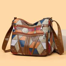 Ladies PU Color Checker Retro Large-Capacity Multi-Pocket Commuter Omni-Adjustable Shoulder Strap Messenger Bag
