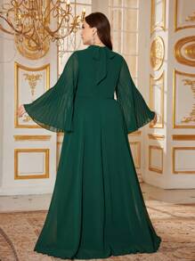 SUPGIR Plus Crew Neck Pleated Long Sleeve Waist-Defined Luxurious Appliques Embellished Olive Green Elegant Dress, Wedding Guest Dress, Party Dress, Formal Dress, Evening Dress,Gown - Dark Green - View 2