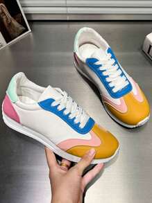 Women's Contrast Lace-Up Casual Sneakers, Lightweight And Comfortable Outdoor Flat Shoes, Low-Top Breathable Fitness And Sports Casual Shoes